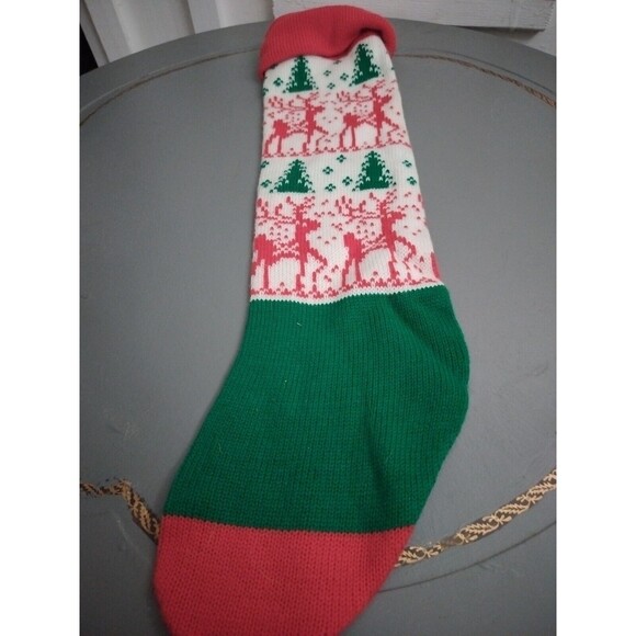 Knit Christmas Reindeer And Christmas Tree Stocking 24” Long Fireplace - Picture 5 of 8